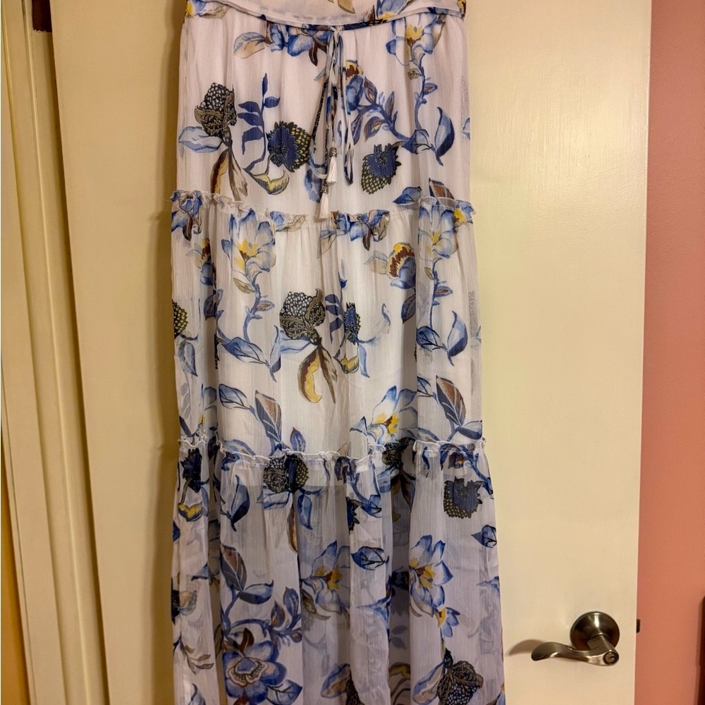 White House Black Market - Floral Maxi Skirt - White and Blue